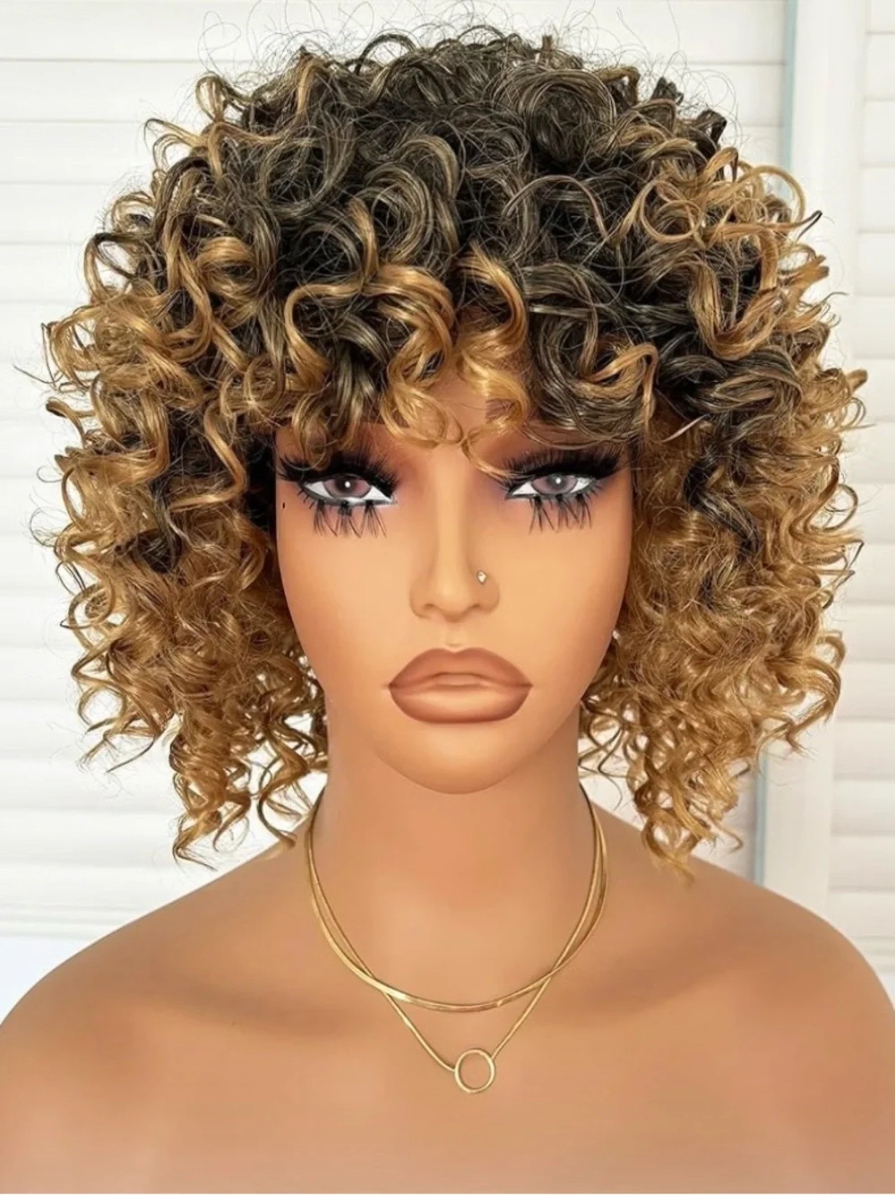 Short Curly Ombre Wig in Brown to Honey Blonde - Natural-Look Curls